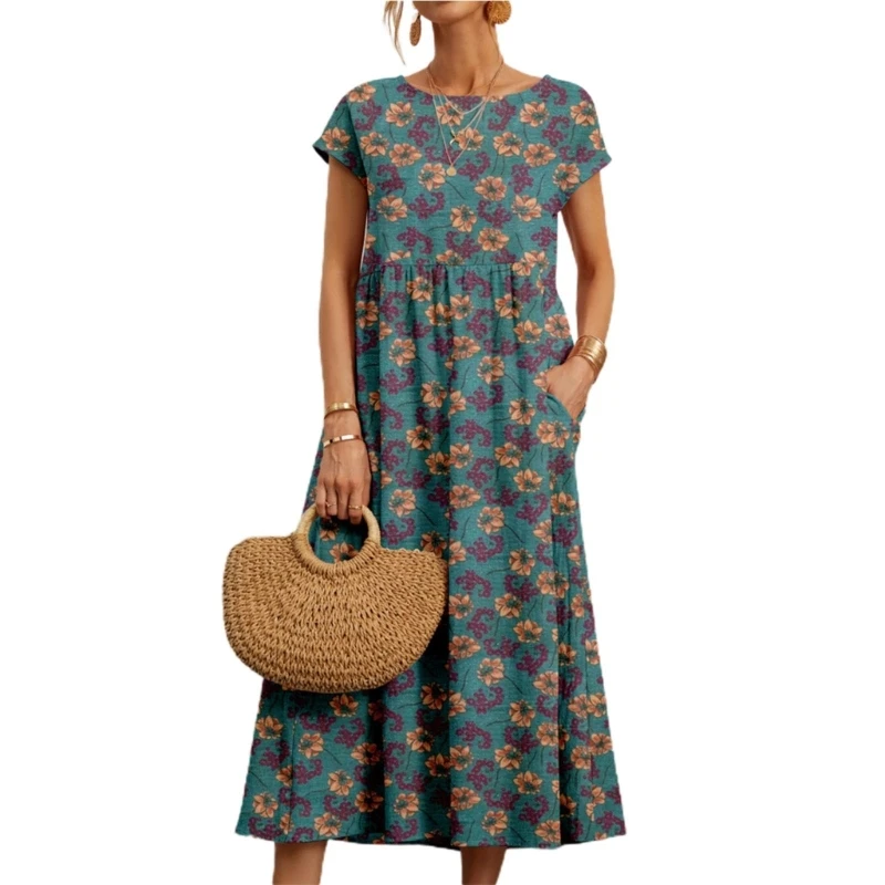 

Womens Casual Loose Floral Dresses with Pockets Short Sleeve Summer Beachwear Swing Dress O-neck Maxi Dress 57BD