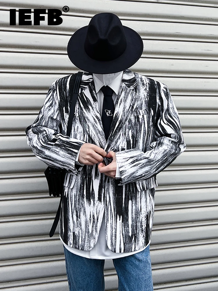 

IEFB Tie-dye Personality Black And White Stripes Design Slim Korean Style Male Casual Suit 2022 New Fashionable Suit 9A1661
