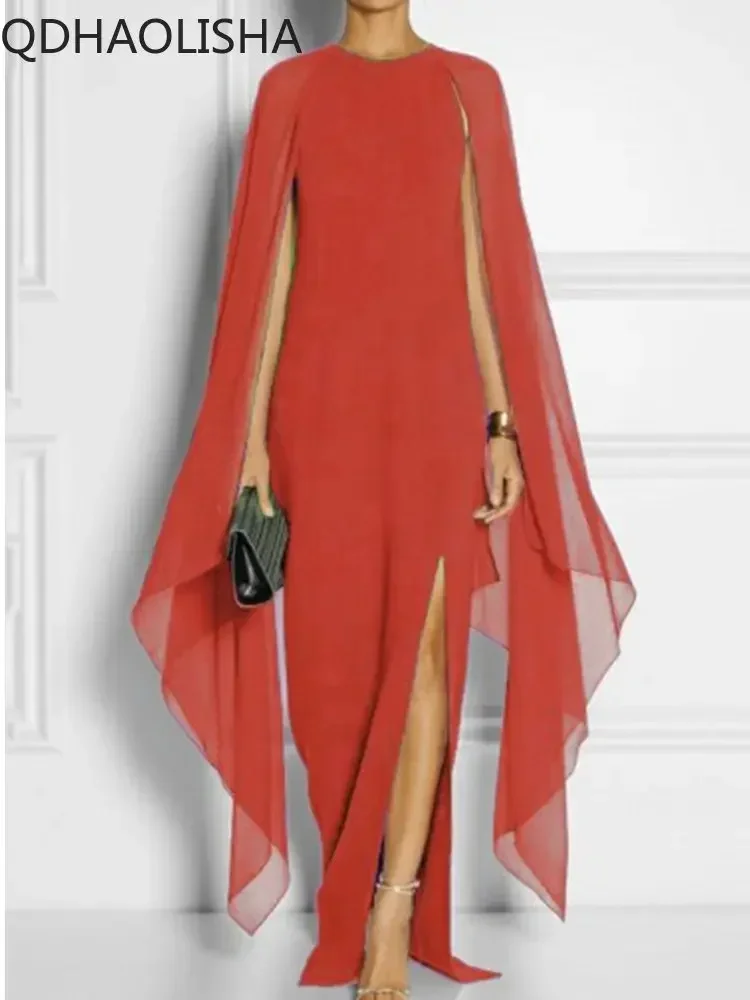 Новое весенне-летнее модное платье однотонное вечернее с шалью и разрезом
