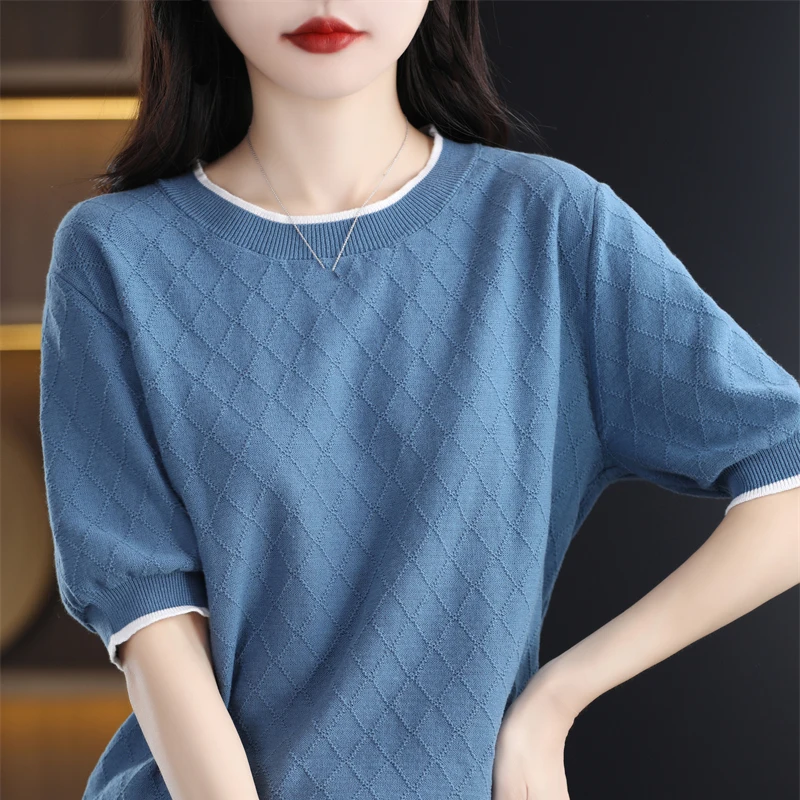 Женский свитер с круглым вырезом и коротким рукавом блузка однотонный