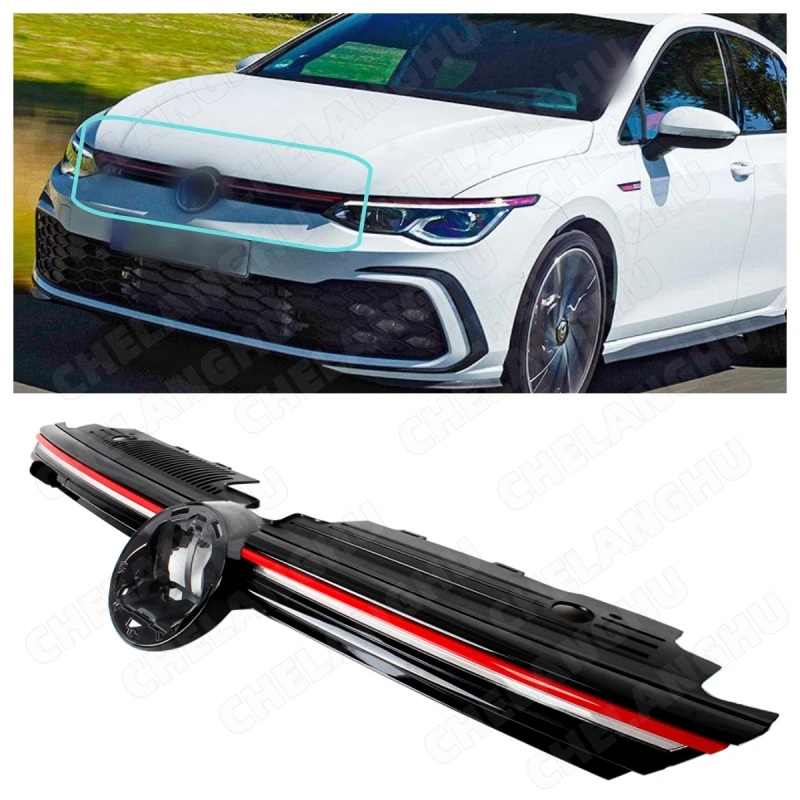 

Гоночные грили для VW Golf 8 GTI 2020 2021 2022 2023 2024, передняя центральная решетка со светодиодной полосой, автомобильные аксессуары 5H0853651AA