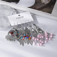 3pair earring for women ethnic retro silver color oil drop flower dangle earrings 2022 new boho style pink bead tassel ear rings