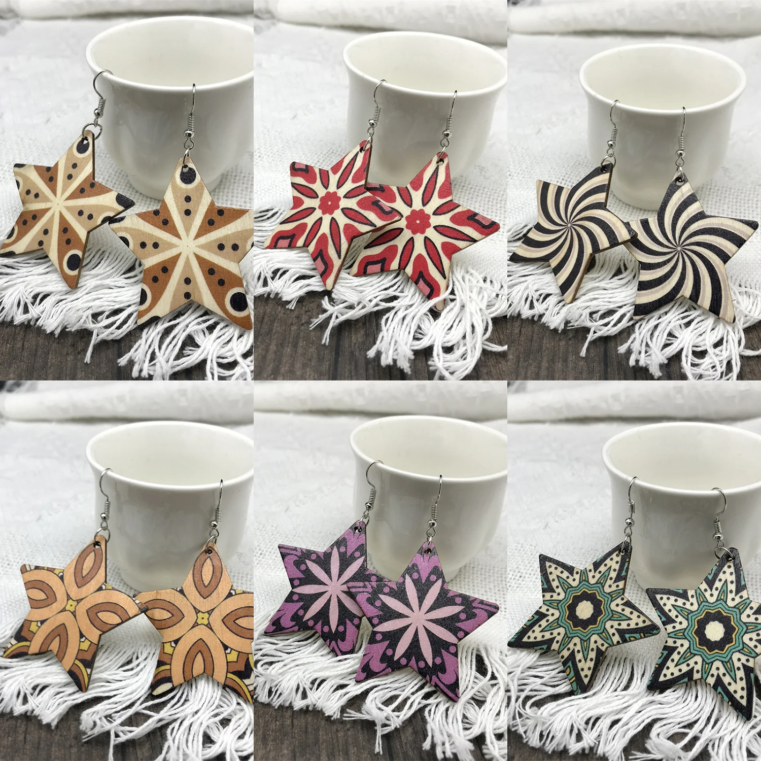 

Vintage Forest Style Five Pointed Star Drop Earrings for Women Bohemian Wooden Statement Hook Earrings Vacation Party Jewelry