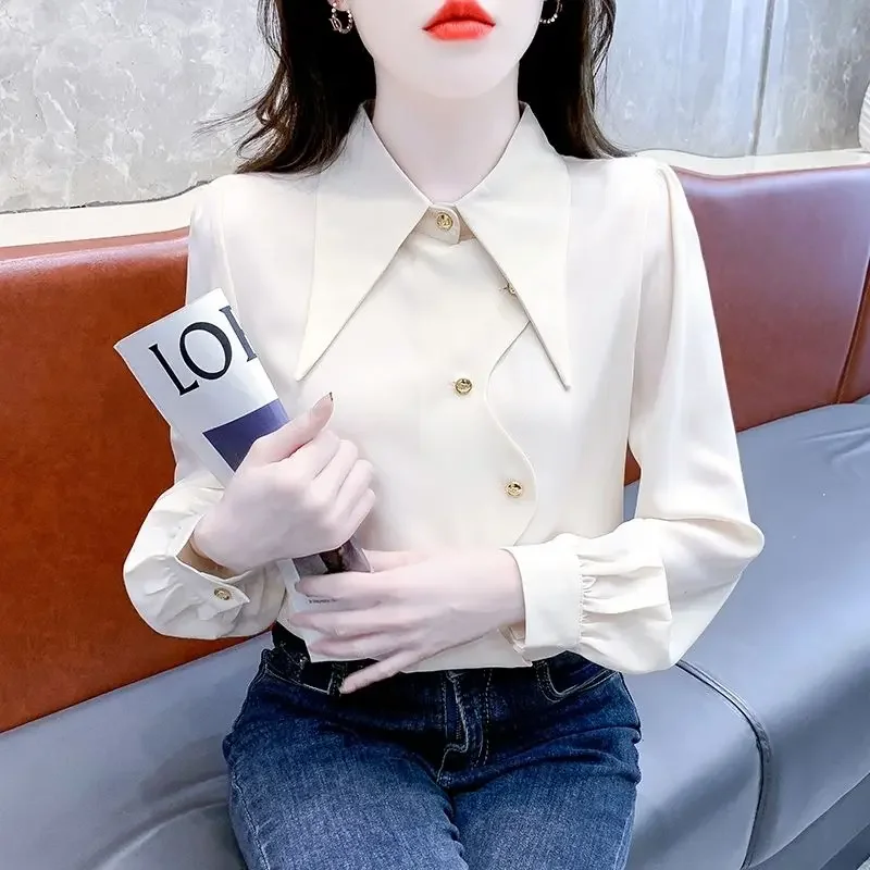 Рубашка-поло женская однотонная с длинным рукавом модная блуза в простом стиле