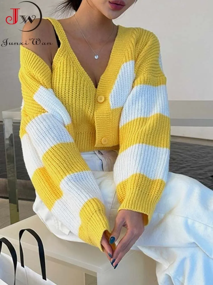 

Осенне-зимний женский полосатый кардиган с длинным рукавом, повседневный вязаный короткий свитер, жилет, топы