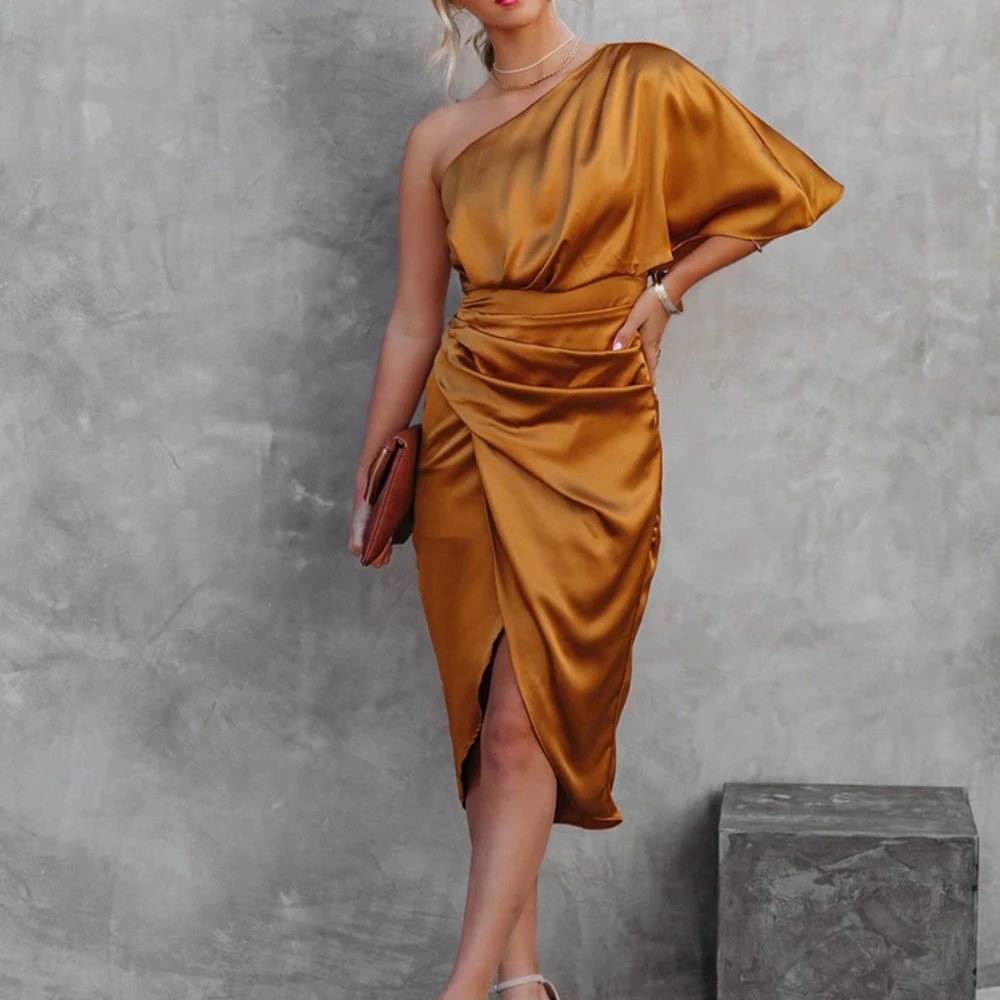 2022 Summer New Party Satin Silk Dress for Women Short Sleeve One Shoulder High Split Bandage Long Dresses