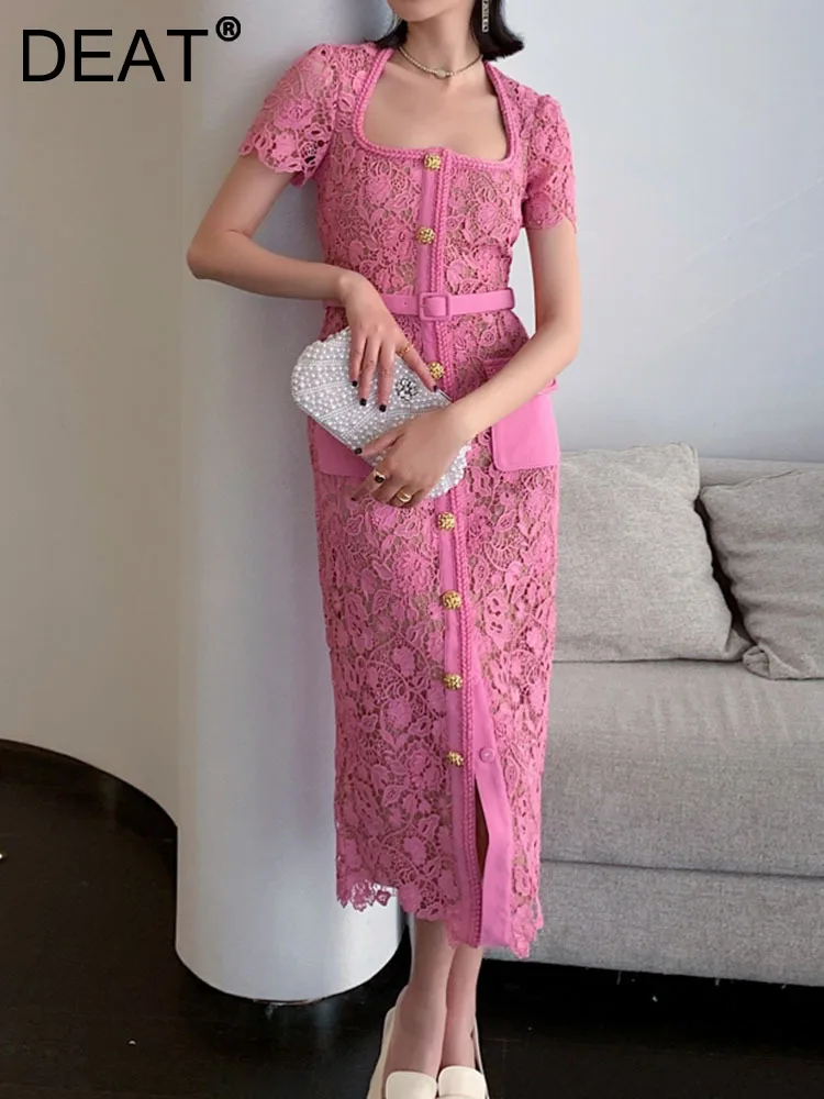 

[DEAT] Women Evening Dress Square Collar Single Breasted Lace Stitching Hollowed-out Short Sleeve Dress 2023 Summer New13DB1675