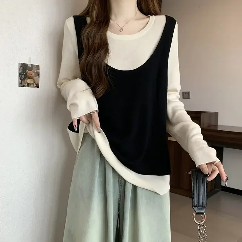 Весенне-осенние повседневные контрастные лоскутные футболки с длинным рукавом и