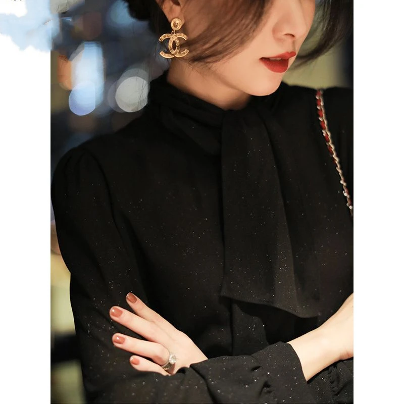 Весенне-осенняя новая однотонная модная рубашка с шарфом и воротником длинным