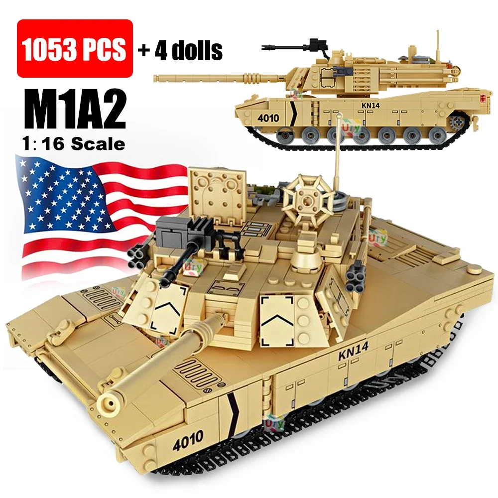 

WW2 Military M1A2 Abrams MBT Tank 1:16 Model Army Cannon Chariot Set Soldier Figures DIY Building Blocks Toys for Boys Kids Gift