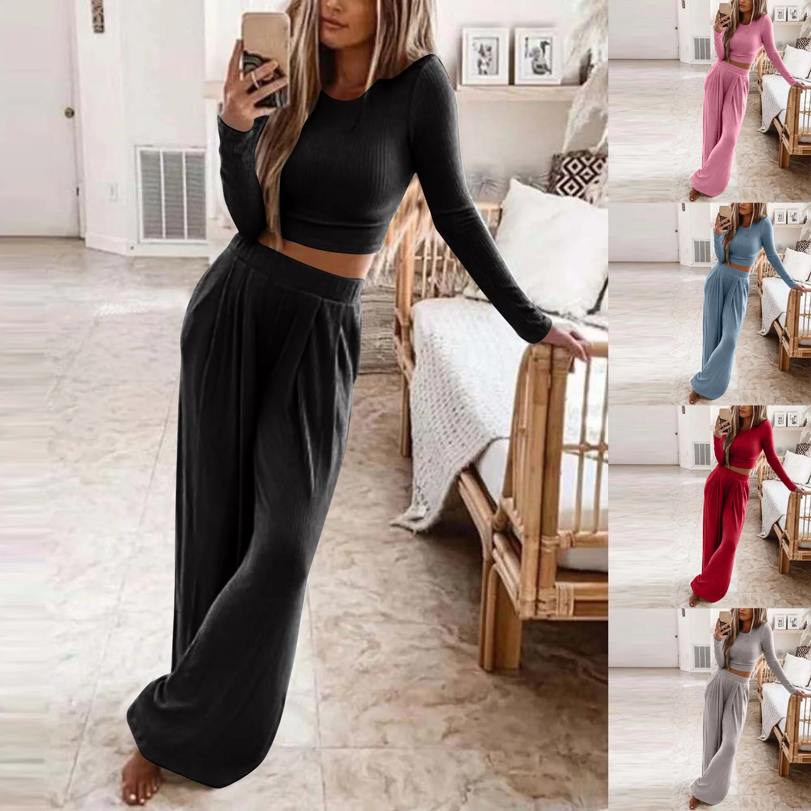 2022 Autumn and Winter New Women's Clothing Solid Color Knitted Casual Home Wide-leg Pants Two-piece Suit Women