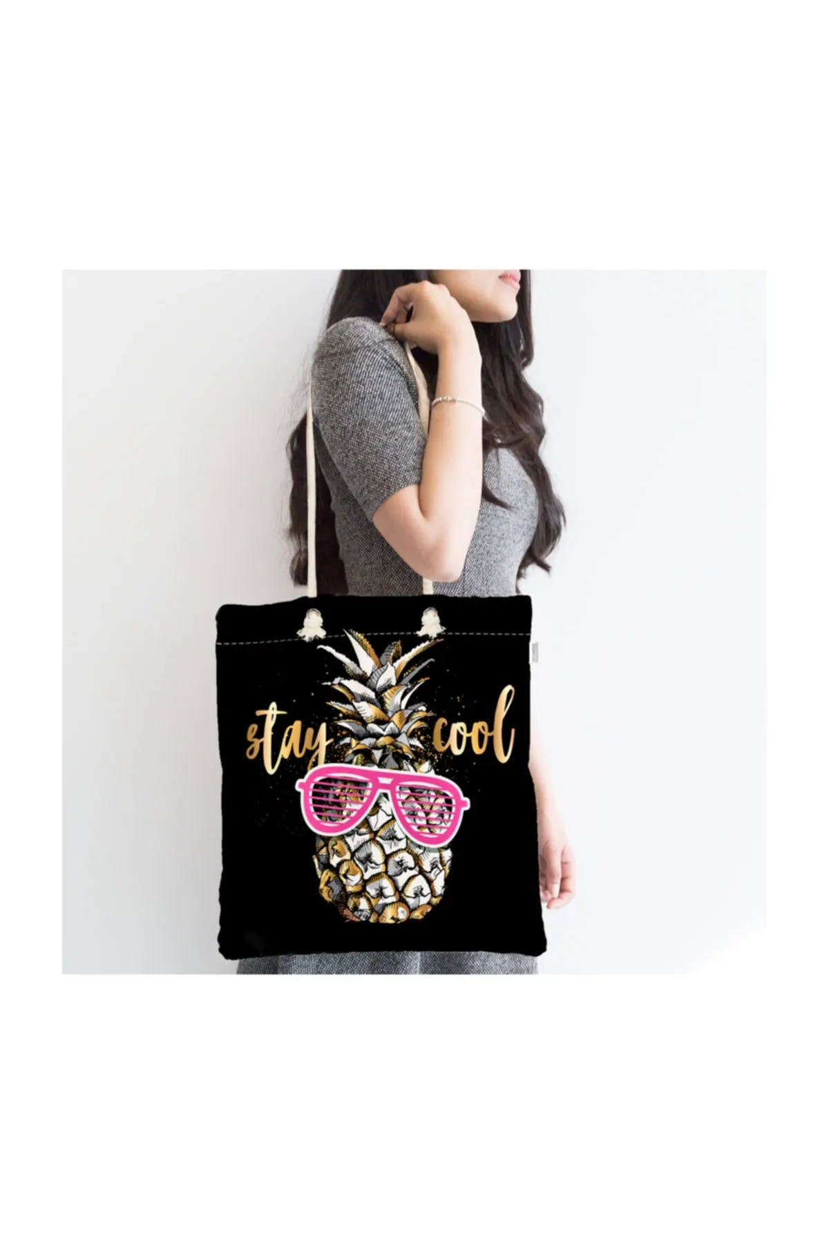 

Женская пляжная сумка, крутая современная сумка-тоут с изображением ананаса на молнии на черном фоне, летние сумки для покупок