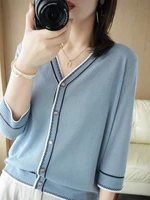 lce silk v neck sunscreen three quarter sleeves 2022 spring all match loose color matching thin knitted cardigan women