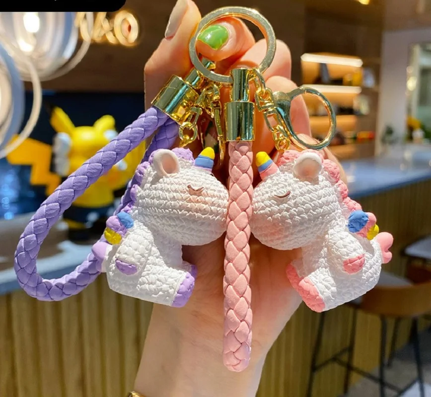 

New Trend Cartoon Leather Weave Rope Kawaii Personality Keychainharm Charm Unicorn Pendant Fashion Women Couple Gift For Girls