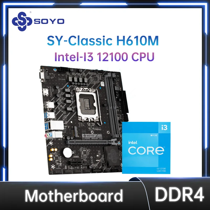 

Материнская плата SOYO Classic H610M с процессором Intel I3 12100, двухканальная материнская плата DDR4 RAM M.2 USB3.2 DP Интерфейс LGA1700