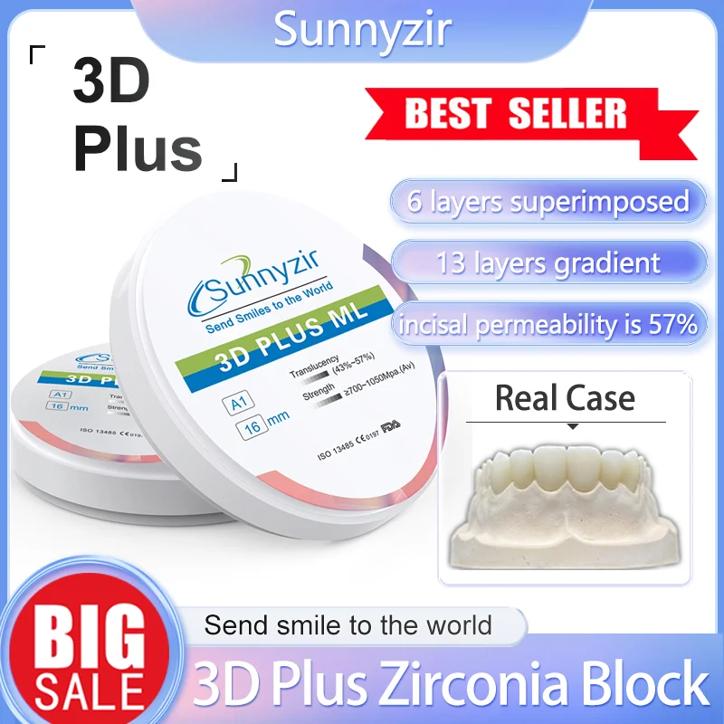 Sunnyzir 3D Plus Pro ML 98mm A4 Multilayer Zirconia Block for Denta Lab Material Cad Cam Open System 5 Axis Milling Machine