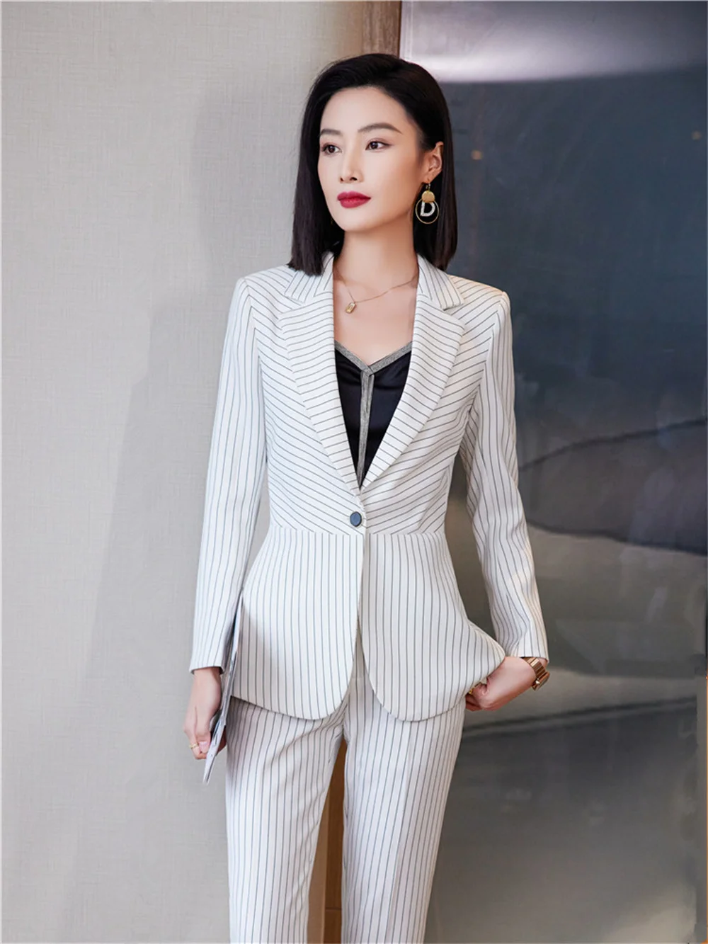Elegant Women Pant Suit 2023 New in Blue Blazer + Trousers Long Sleeve Striped Suit Formal Office Lady Business 2 Piece Set