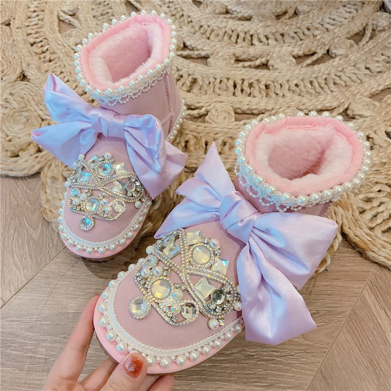 

Короткие сапоги из воловьей кожи для снежной погоды, милые утепленные сапоги с бантом для девушек, большие размеры 35-44