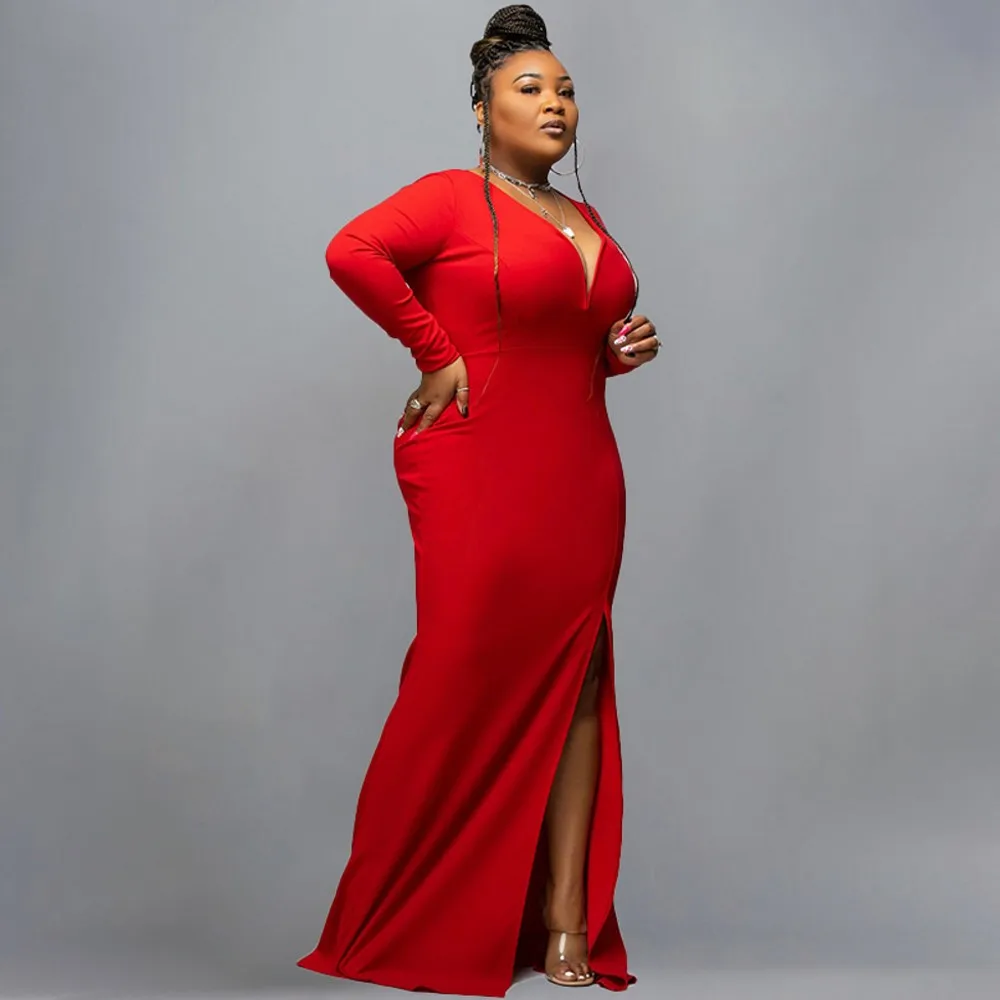 

Red Sexy V-Neck Party Dress Long Sleeve Plus Size Women Maxi Dress Robes Femme Big Size 5xl Lady Bodycon Vestido Elegantes Mujes
