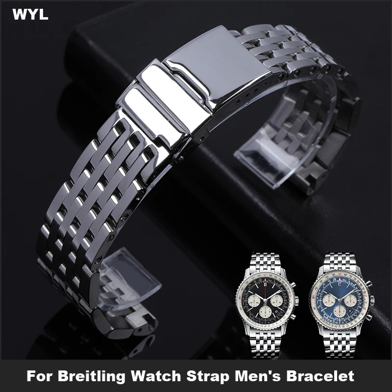 22mm 24mm High Quality Stainless Steel Watchband For Breitling Watch Strap Men's Bracelet Push-Button Hidden Clasp Logo On