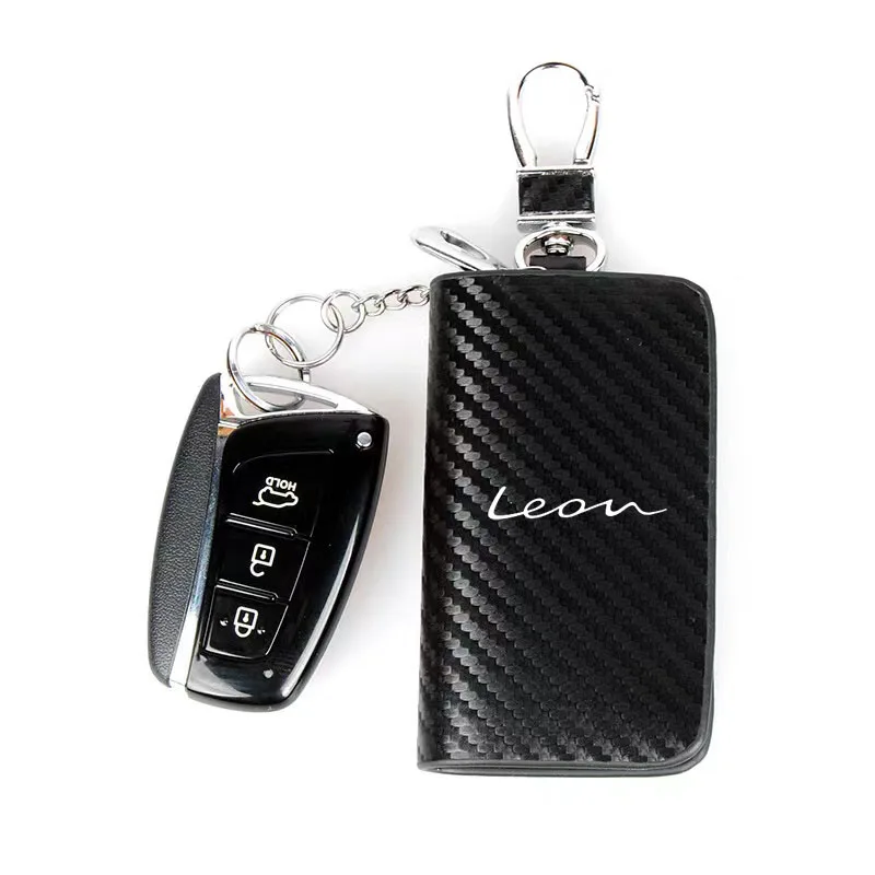 

Carbon Fiber Pattern Leather Car Key Case Zipper Keys Organizer Cover for LEON