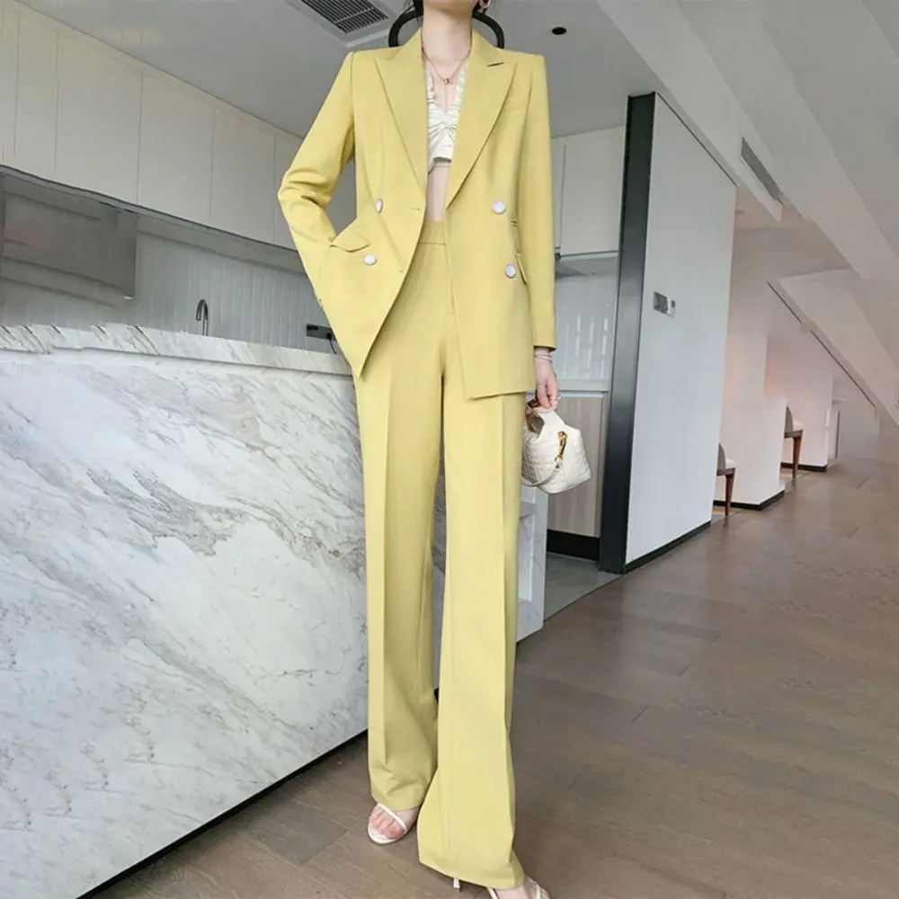 Spring Fashion Women Solid Trousers Suits Lapel Double Breasted Blazer Jackets & High Waist Straight Pants Ladies 2 Pieces Set