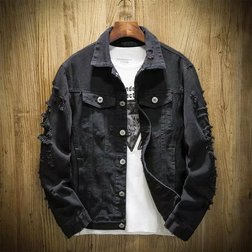 

Slim Fit Cotton Denim Jacket Red White Black Ripped Hole Jean Coats Men Outwear Autumn New Men's Jean Jacket