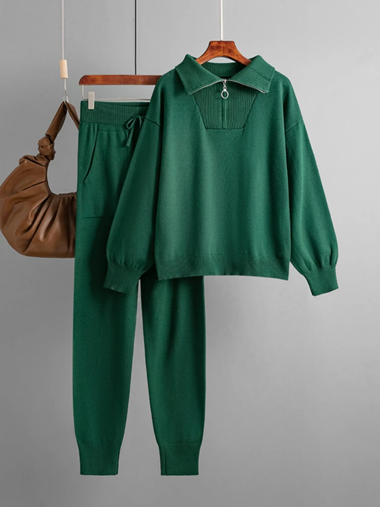 

Two Piece Set Women Top and Pants POLO Neck New Knit Sweater Set Casual Pant Sets Autumn Women's Clothing Women Winter Tracksuit