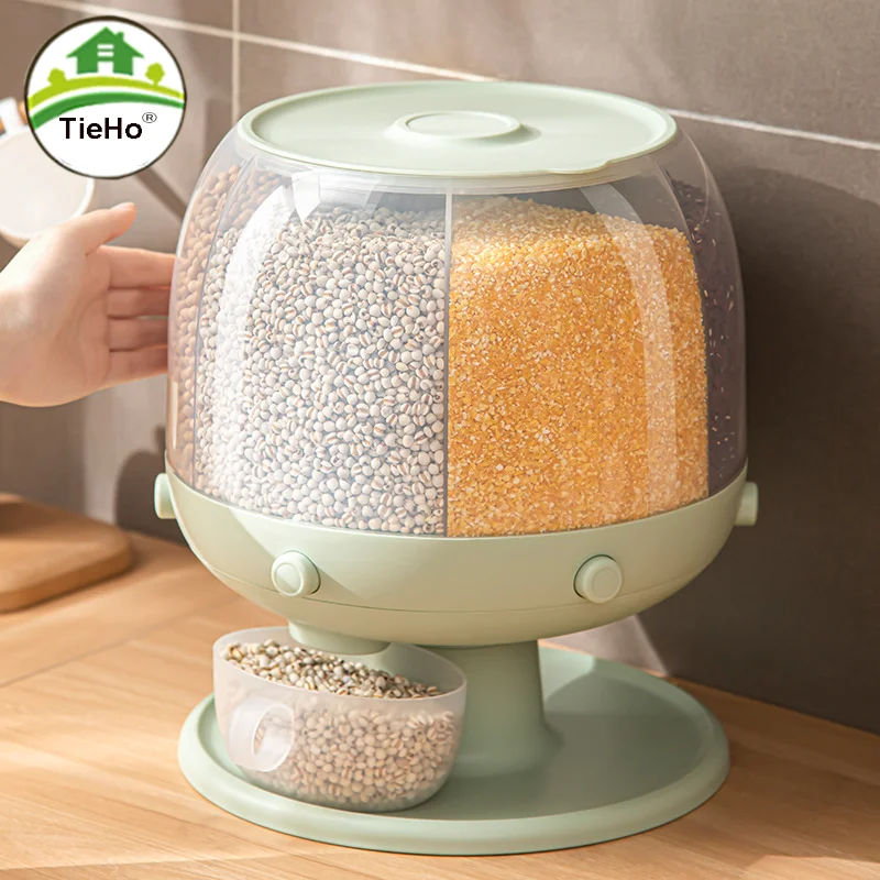 New Design Home Rotatable Rice Bucket Kitchen Moisture-proof Grain Storage Box Transparent Press-type 6-grid Spices Organizer