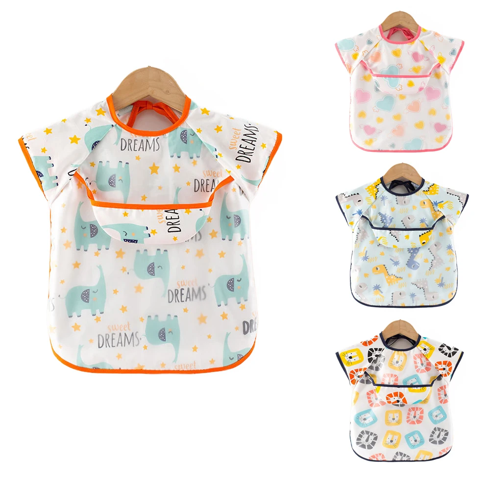 3pcs Baby Bibs Cloth Waterproof Dining Clothes Short Sleeve Apron Children Feeding Smock Burp Reverse Dressing Painting Protect