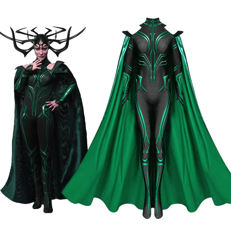 

Marvel Movie Thor Ragnarok Hela Cosplay Costume Bodysuit Jumpsuit Cloak Cape Halloween Carnival Costume for Women