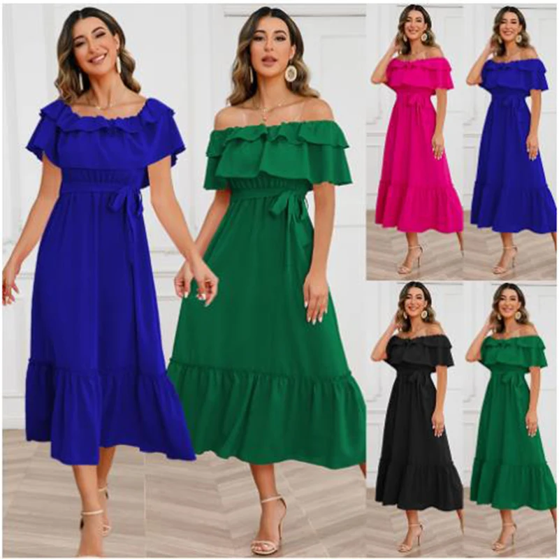 

Women's Summer Solid Color Sexy One-line Neck Off-shoulder Mid-length Fashion Beach Skirt Street Office Dropshopping Dress S~2XL