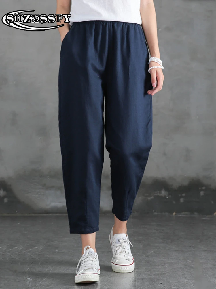 Брюки женские летние из хлопка и льна повседневные однотонные свободные штаны до