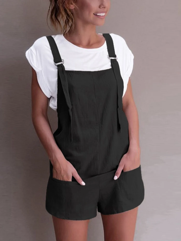 

2022 ZANZEA Women Beach Playsuits Summer Jumpsuits Staps Solid Short Rompers Female Cotton Dungarees Casual Bib Overalls