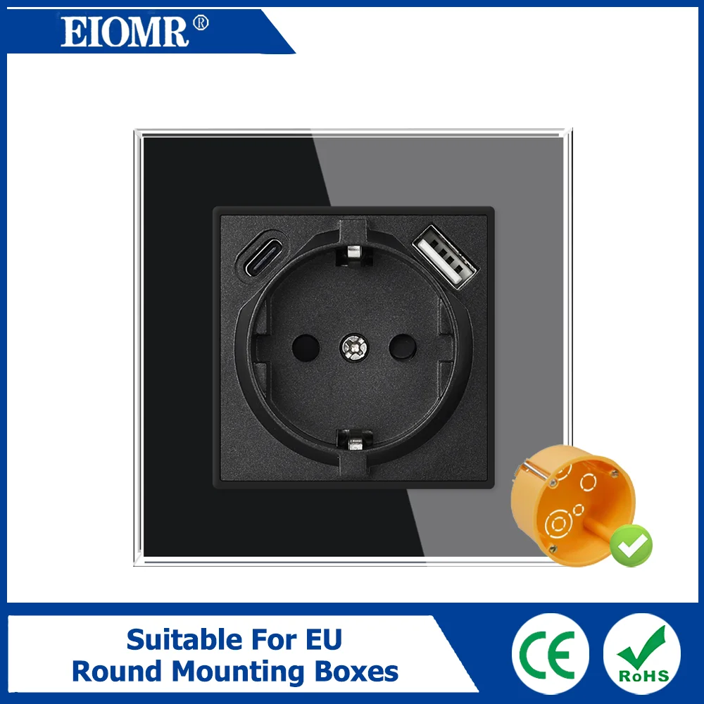 EIOMR 16A Стандартный выключатель питания ЕС 86 * 86 мм Панель из черного хрусталя USB Type C Data CAT6 Диммер ТВ-розетка для круглой коробки