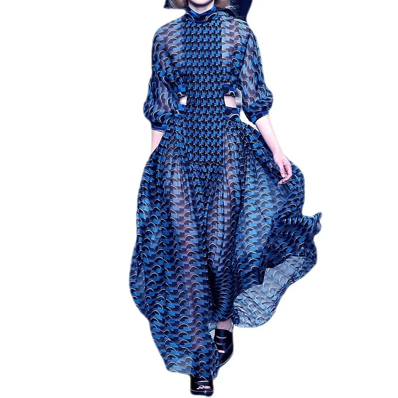 

Женская одежда в европейском и американском стиле, модное Широкое Платье с принтом на талии и вырезами