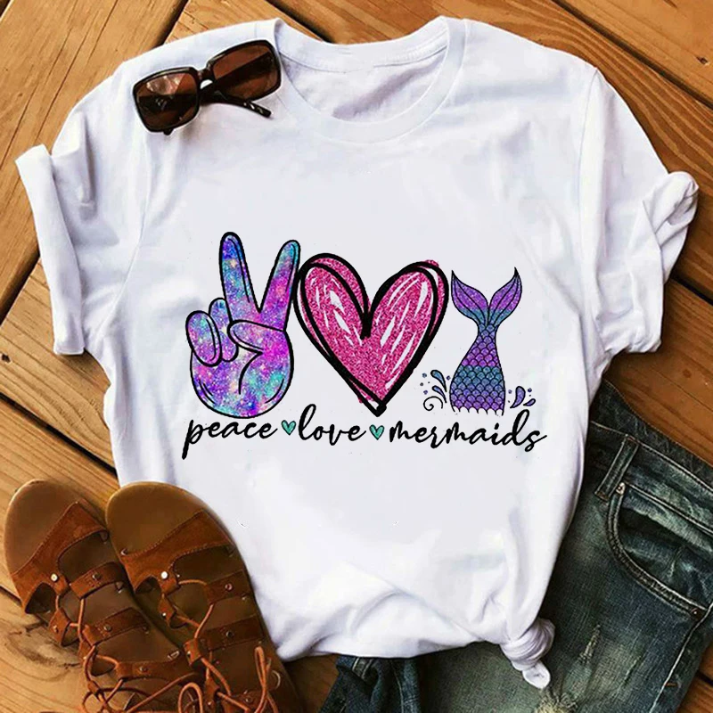 

Peace Love Meimaids T-shirt Women Christma Harajuku Aesthetic White Top Casual Tshirt 2021 New Summer Fashion Y2k Female T Shirt