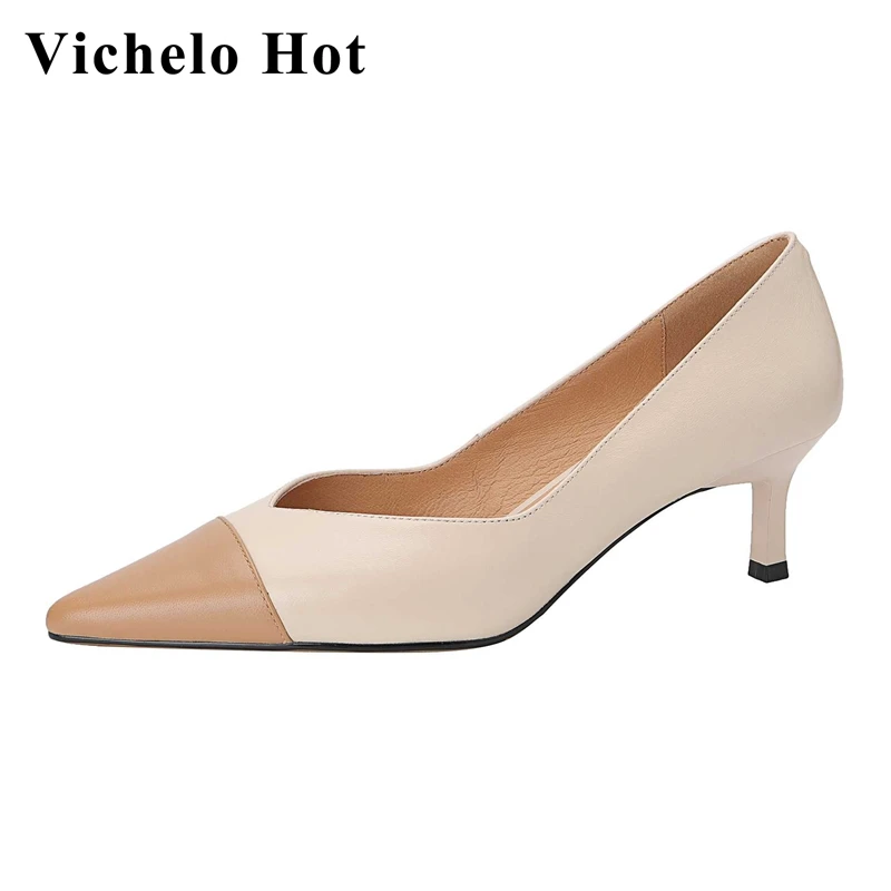 

Vichelo Hot 2022 spring new large size full grain leather pointed toe stiletto high heels mixed colors fashion women pumps L16