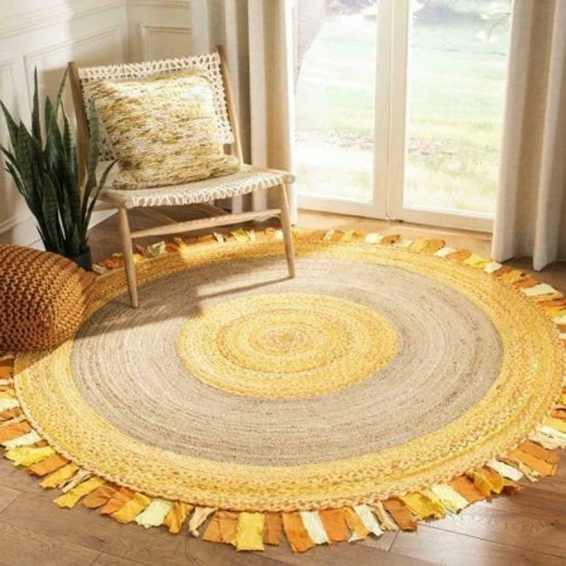 

Rug Round Natural Jute & Cotton Reversible Modern Living Area Carpet Rag Rug