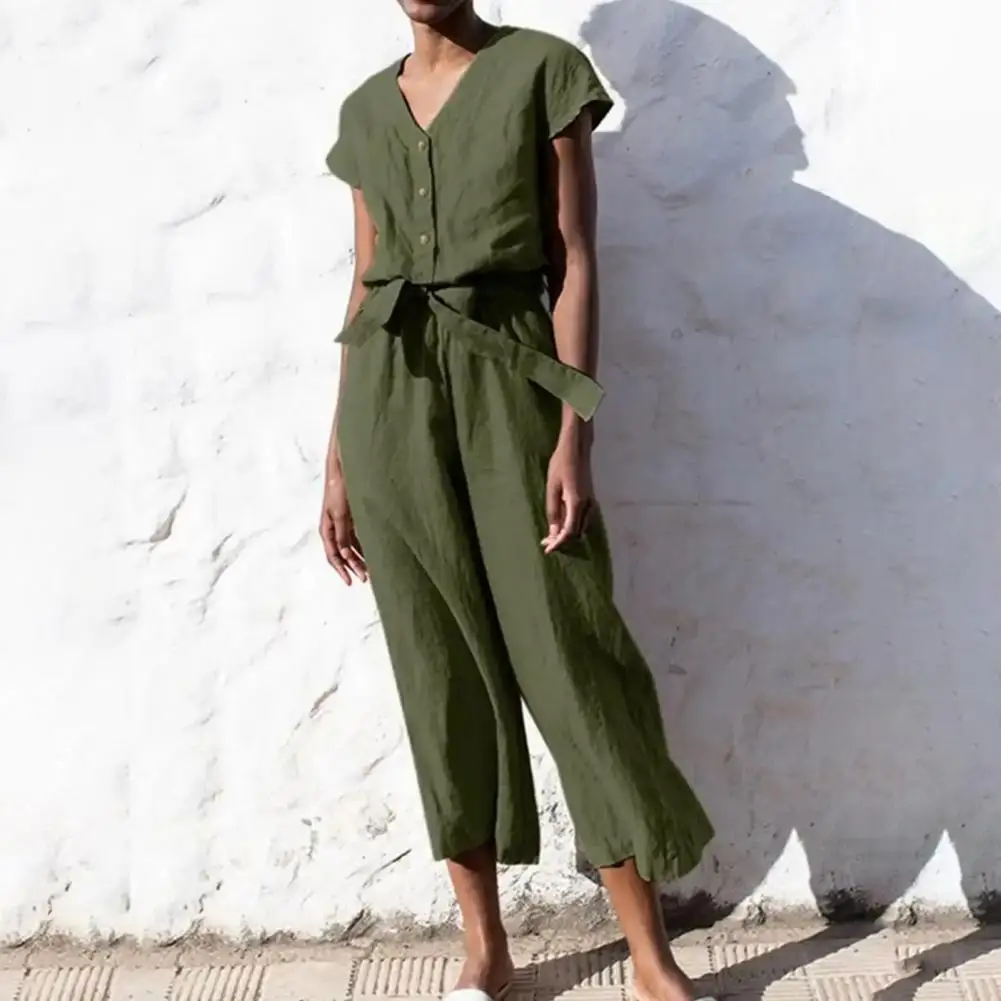 

Long Playsuit Stylish Summer V-neck Jumpsuit Chic Half Placket Design Wide Leg Silhouette Belted Waist Streetwear for Women