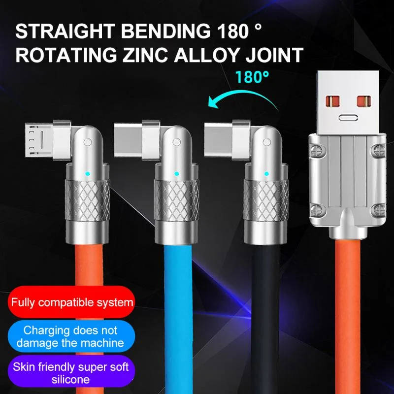 

120W 6A Fast Charging Type C Cable 180Degree Rotation Elbow Cable for Game Charger Liquid Silicone USB C Cord For Xiaomi Samsung