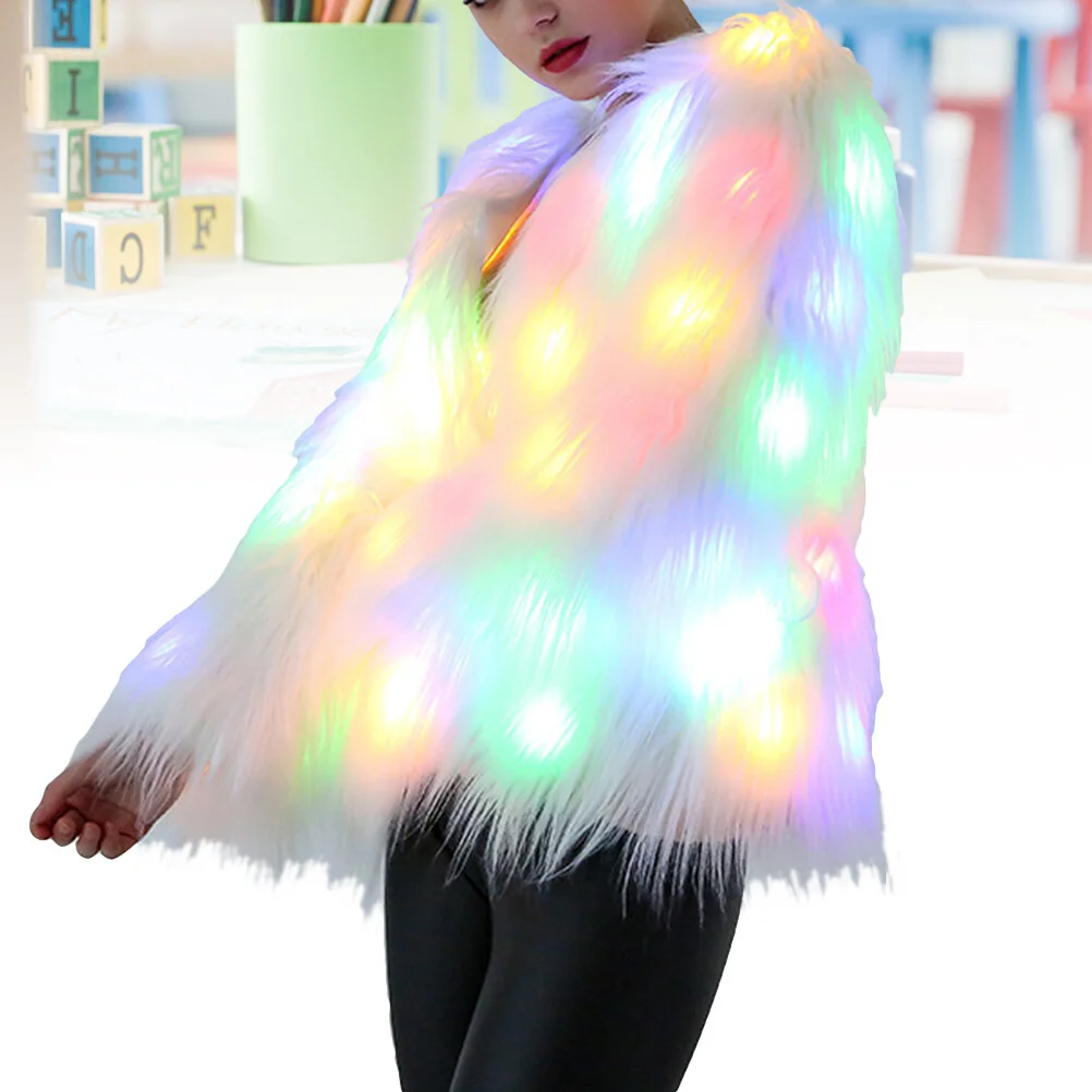 Women’s Jacket Rainbow Sparkly Light White Furry Rave Costume Luminous Outwear Fancy Party White Size