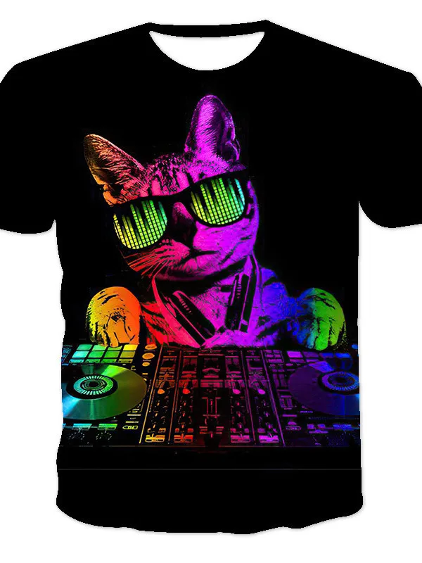 

Мужская и женская летняя рубашка в форме кошки, с коротким рукавом, Повседневная и дышащая, с О-образным вырезом, в стиле хип-хоп, городская