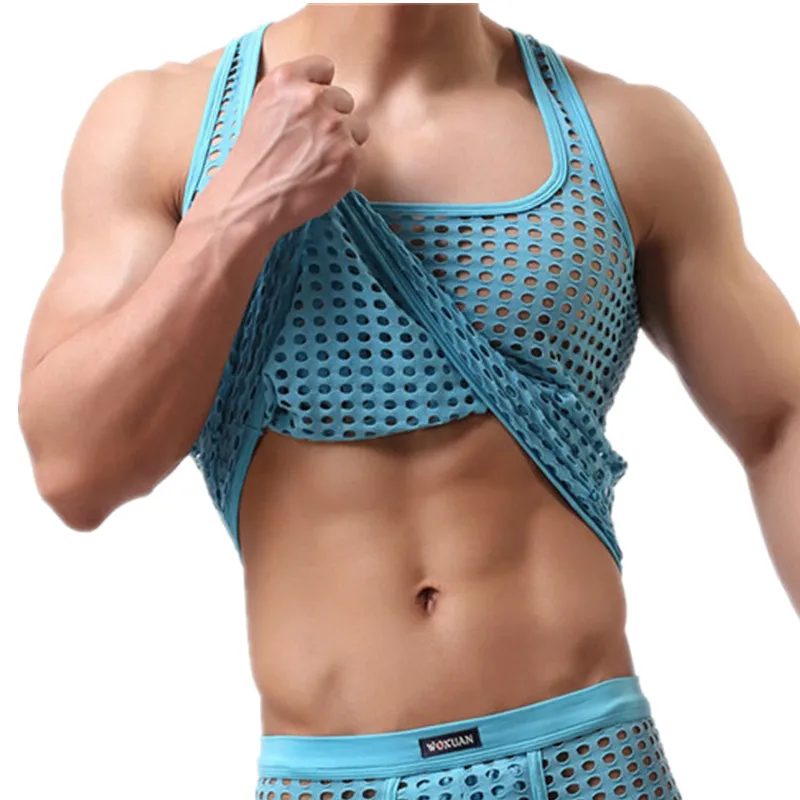 Sexy Mens Underwear Mesh Undershirts Hollow Out Breathable Sports Fitness Tank Tops See Through Gay Muscle T-shirts Sheer Vest