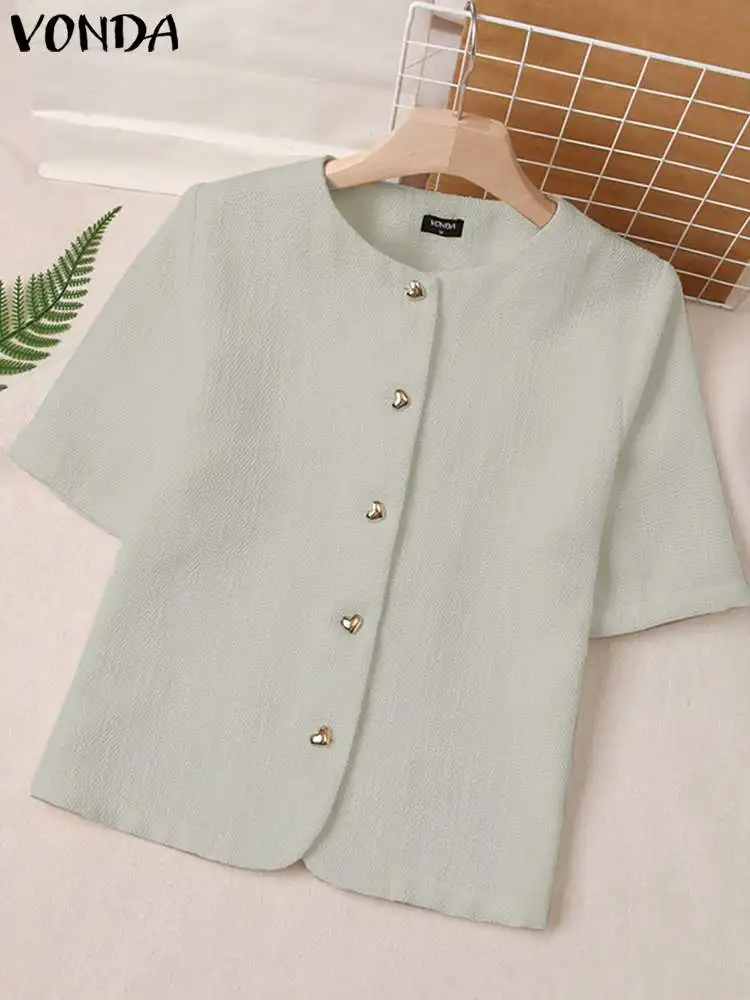 Summer VONDA Women Blazer Suit Tops 2023 OL Work Blouses Solid Short Sleeve Heart-shaped Buttons Oversized Blusas Streetwear