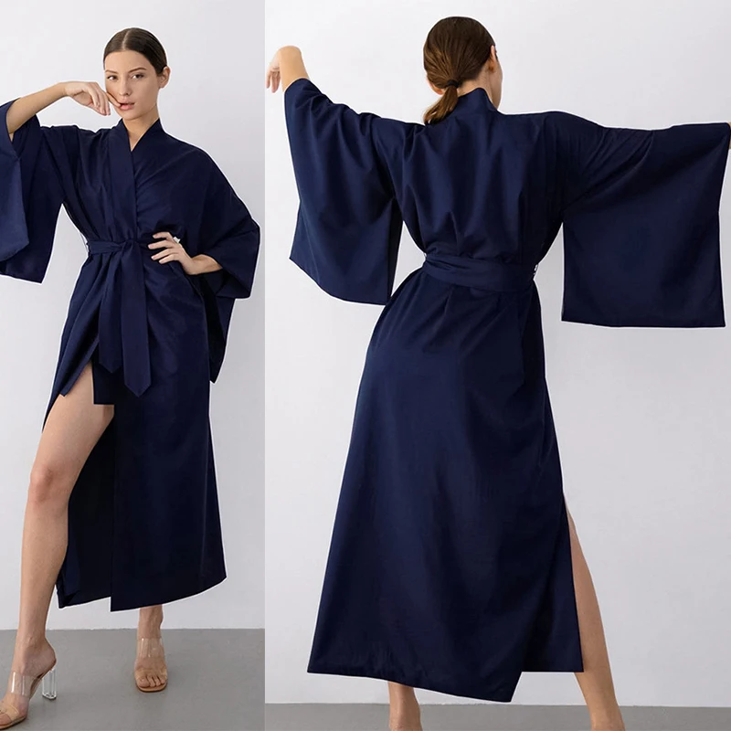

Blue Robe Nightgown Women Long Sleepdress V Neck Silk Cardigan with Straps Home Dress Home Clothing Sexy Broken Sleeve Kimono