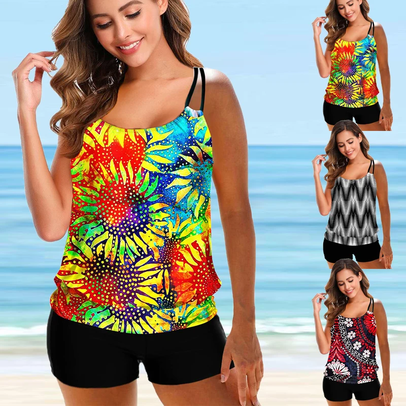 

2022 Women Summer Two Piece Swimsuit Tankini Set Female Floral Print Swimwear Bikini Set Oversize Women Beachwear Bathsuit 6XL