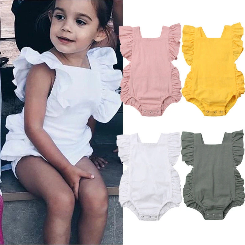 ZK30 Candy Color Newborn Solid Color Ruffled Sleeveless Jumpsuit Jumpsuit Suit Sunscreen Cotton Clothing 0-24