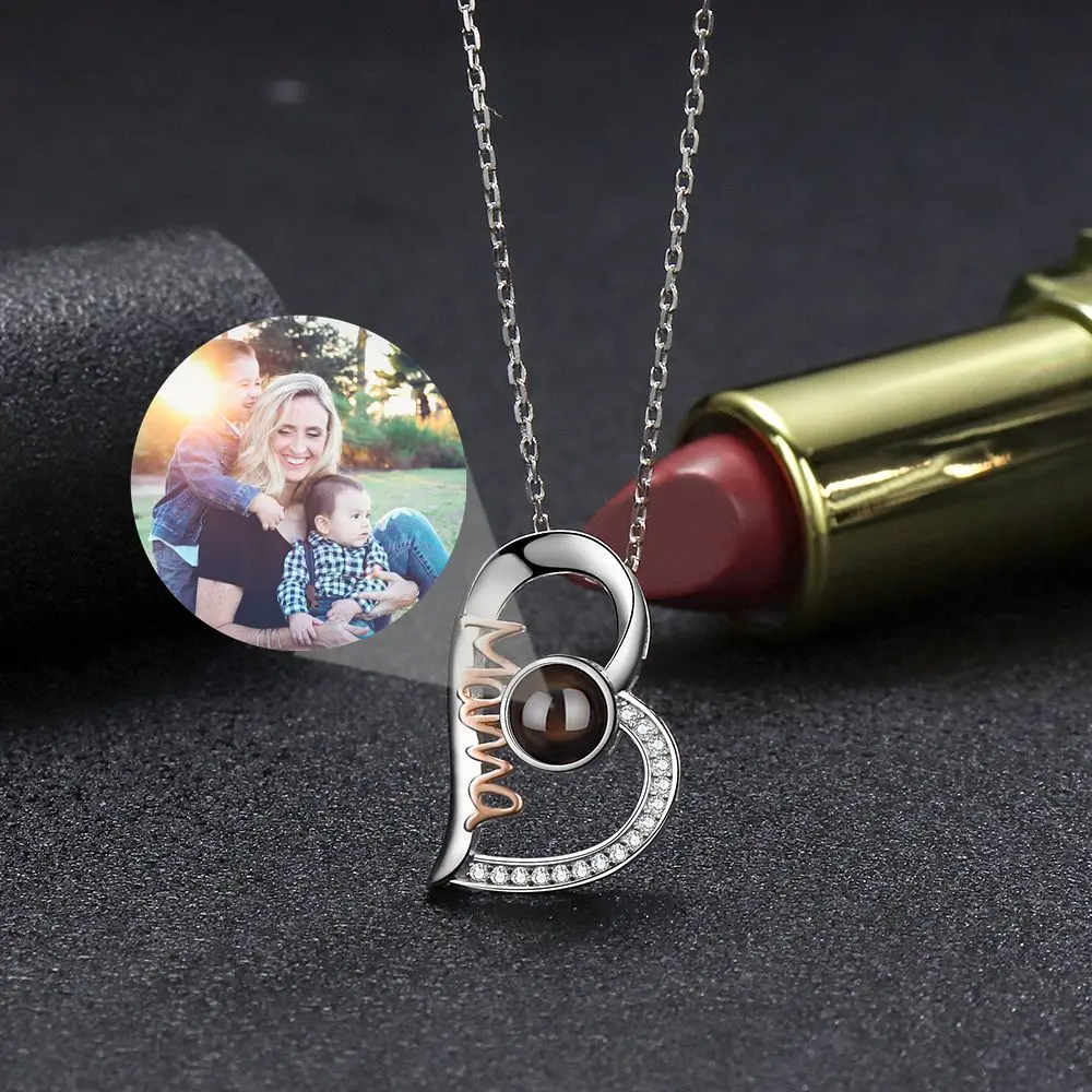 Custom Photo Necklace Personalized Projection Photo Necklace for Women Mother's Day Jewelry Mom Heart Pendant Memory Gift