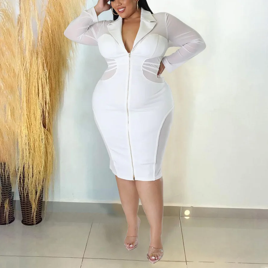 4XL 5XL Plus Size Dresses for Women Full Sleeve Zipper Closure Turn Down Collar Bodycon Fashion Evening Party Dinner Vestidos